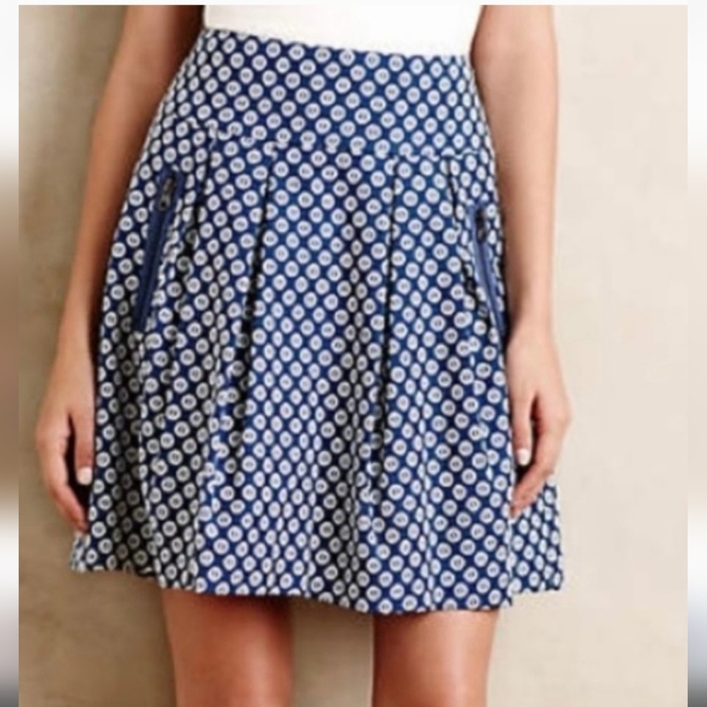 Anthropologie Maeve Skirt Zip Pockets Pleated A Line Cotton Blend Lined Size 8